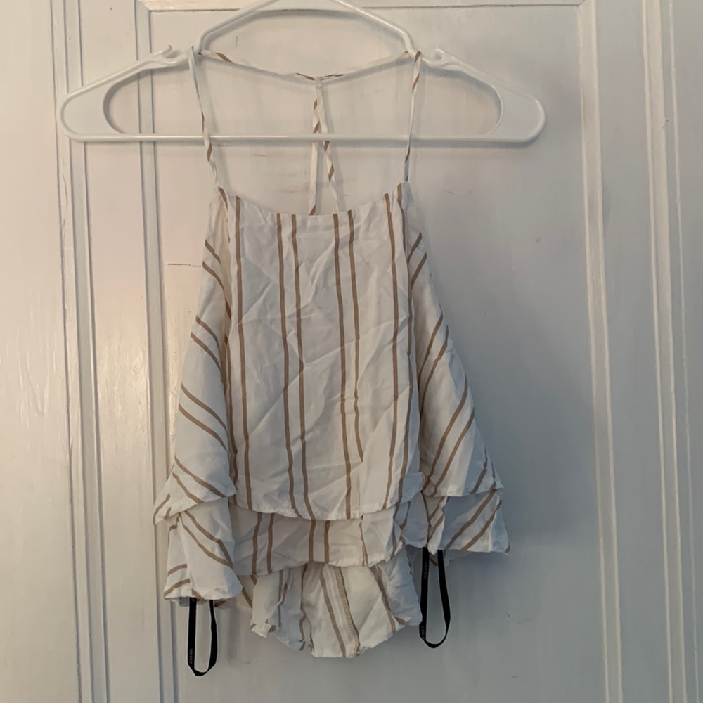 Forever 21 White and Tan Striped Ruffle Halter Top